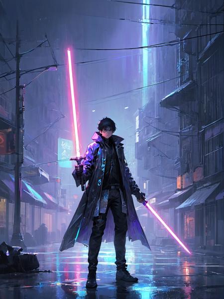 02072-1517307321-1man wear holographic clothing,(a dilapidated city_0.8),(a foggy and rainy night_0.9),holding a laser sword,(black_cloud_0.5),(t.jpg